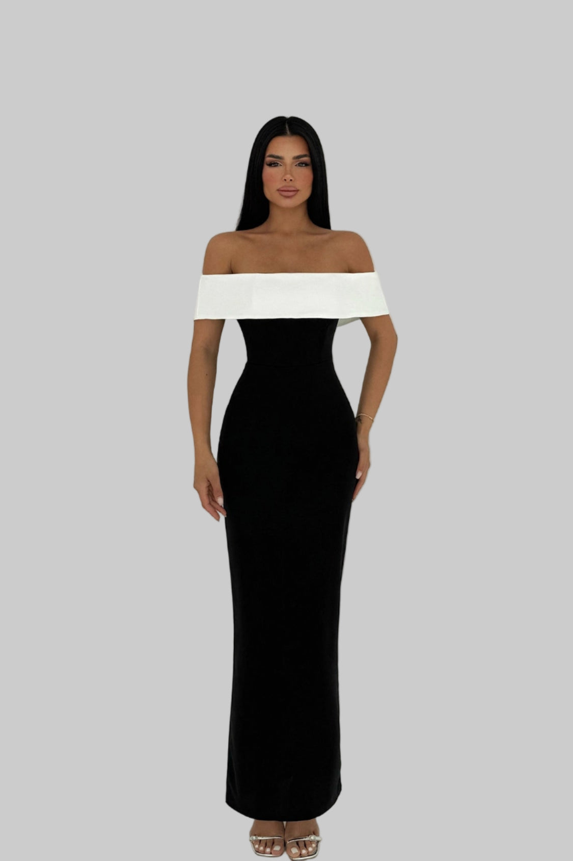 Monroe Off-Shoulder Dress Black & White Evening Gown | LARYVOE XS Monroe Off-Shoulder Dress Black & White Evening Gown | LARYVOE XS