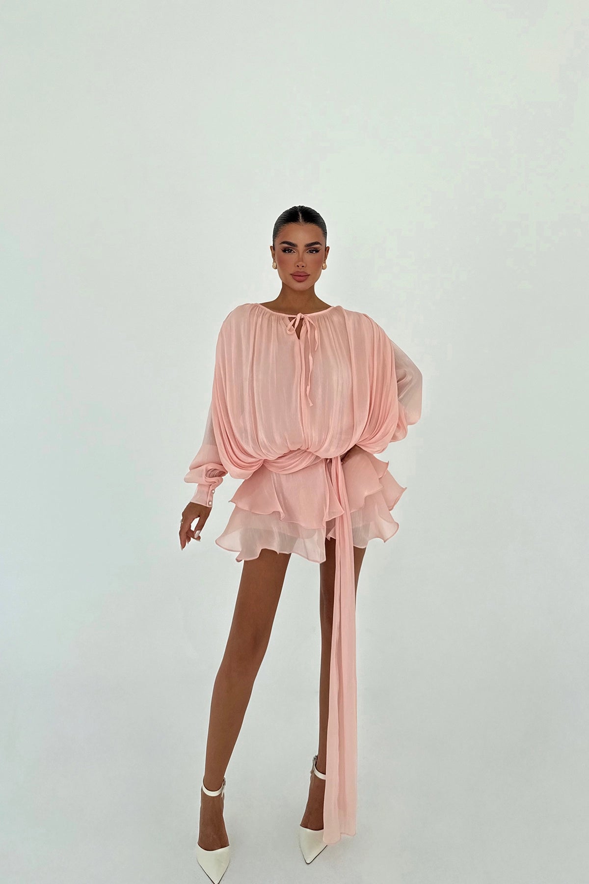 Model wearing pink babydoll dress, elegant evening style – LARYVOE