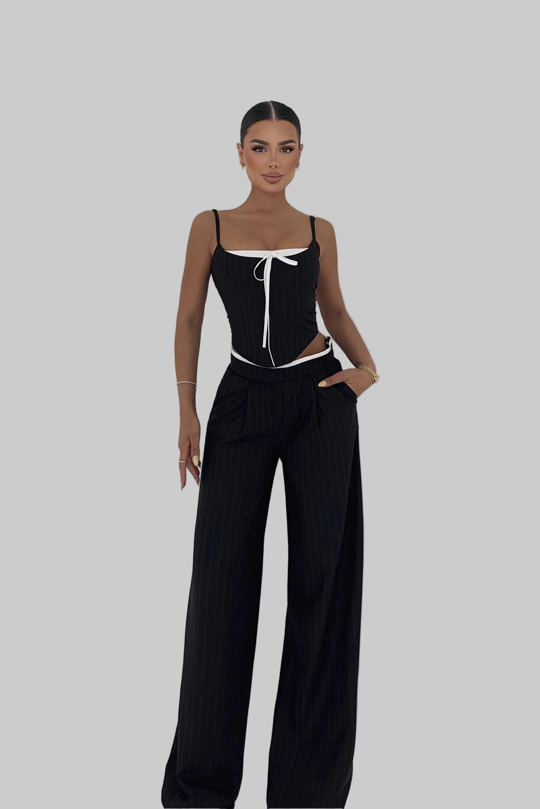 Pinstripe Two-Piece with Corset Top & Wide-Leg Trousers | LARYVOE Pinstripe Two-Piece with Corset Top & Wide-Leg Trousers | LARYVOE
