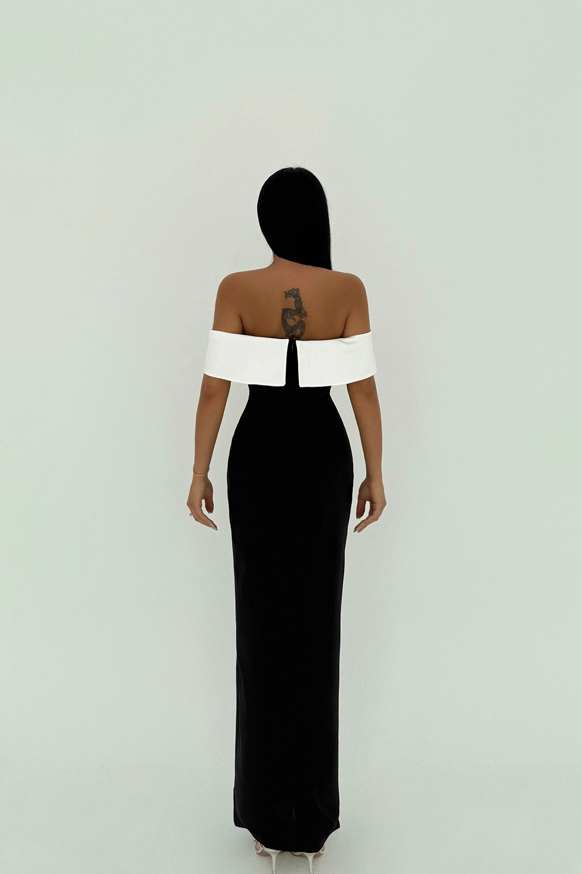 Back view of Monroe Off-Shoulder black and white evening gown – LARYVOE women’s fashion