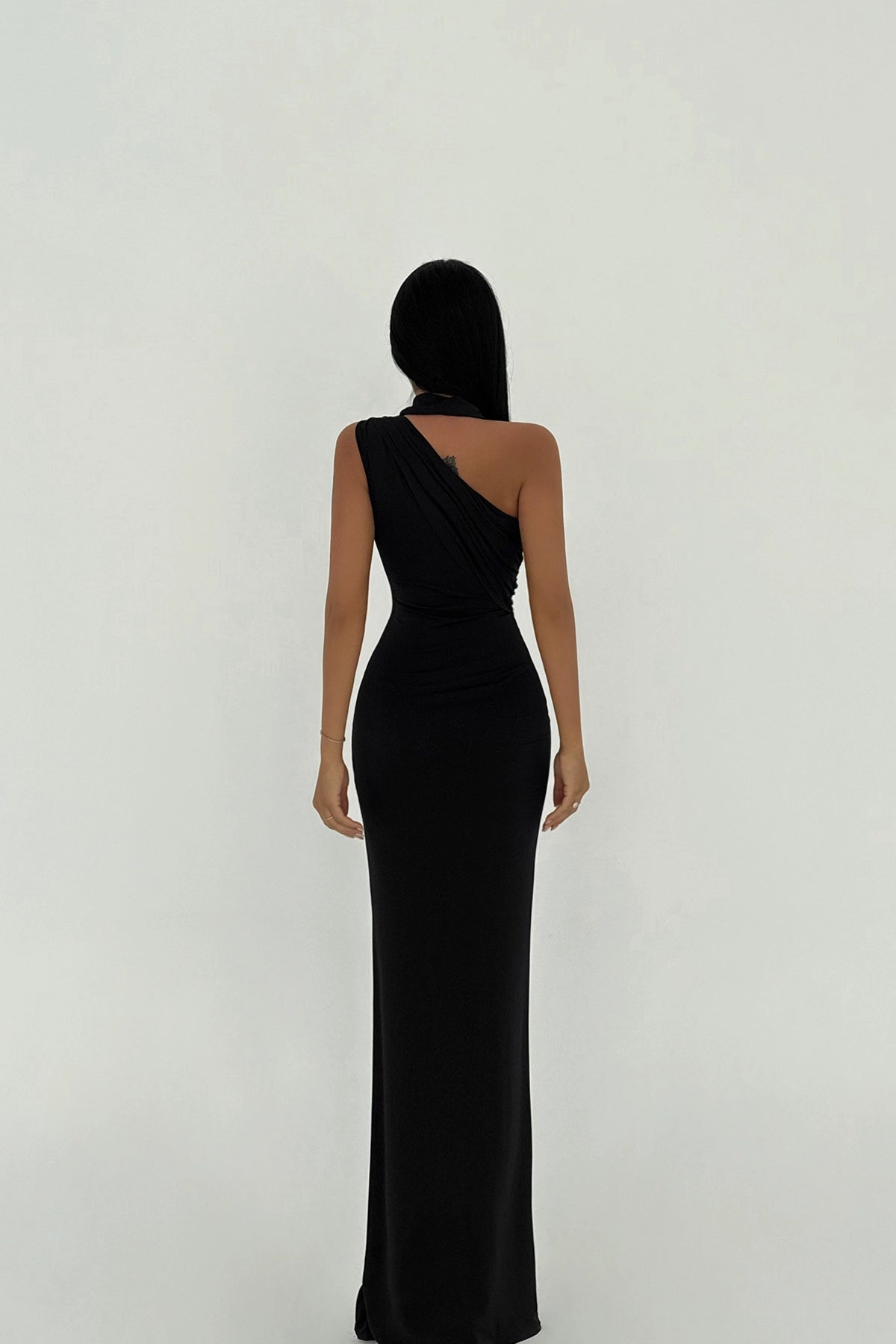 Back view of Midnight Grace one-shoulder black evening gown – LARYVOE fashion