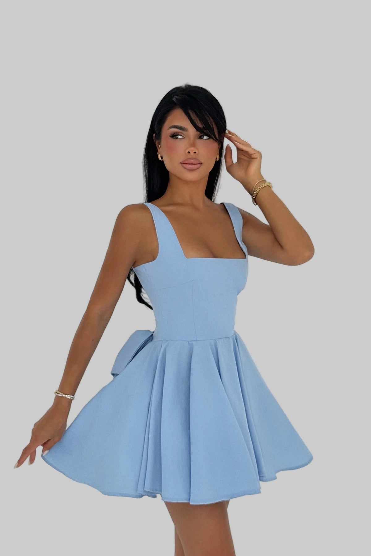 Bow-Back Skater Dress in Blue Elegant Mini Dress | LARYVOE M Bow-Back Skater Dress in Blue Elegant Mini Dress | LARYVOE M