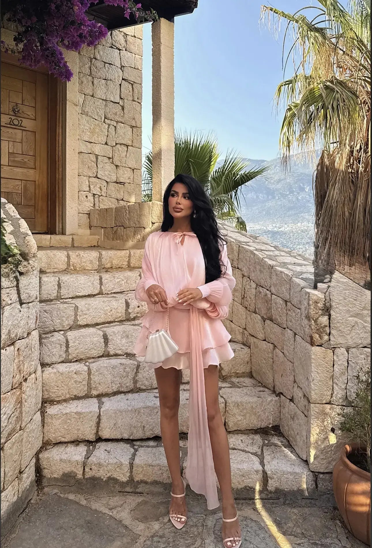 Powder pink mini dress with ruffle skirt – LARYVOE women’s clothing