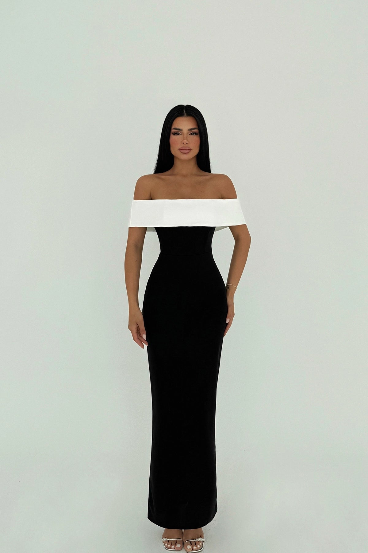 Model wearing Monroe Off-Shoulder black and white evening gown – LARYVOE women’s clothing