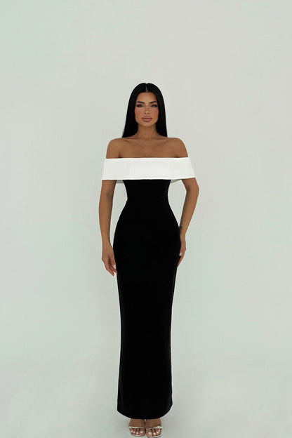 Model wearing Monroe Off-Shoulder black and white evening gown – LARYVOE women’s clothing
