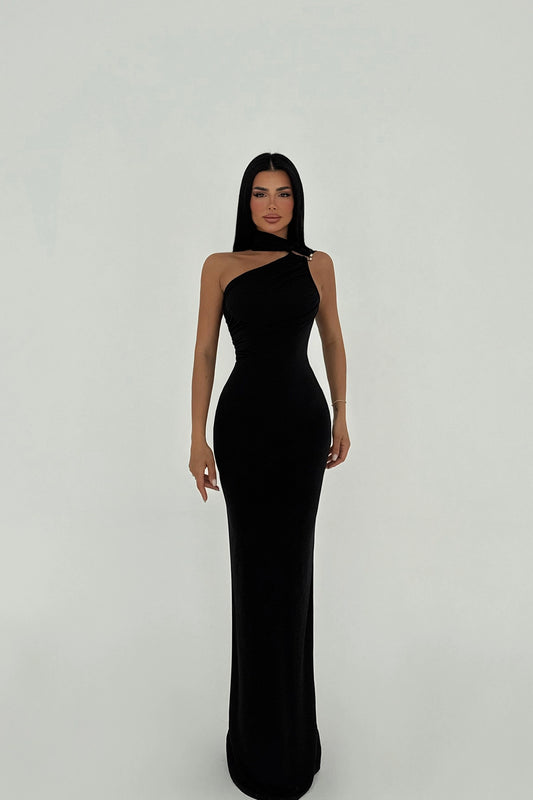 Model wearing Midnight Grace black evening gown with one-shoulder silver detail – LARYVOE women’s clothing
