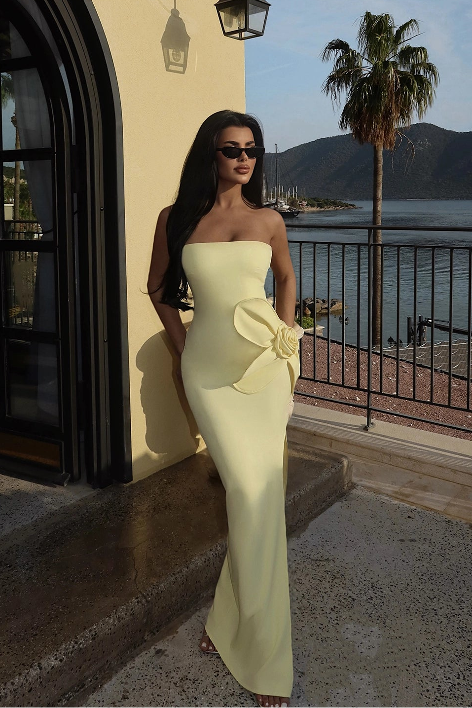 Rose Detail Butter Yellow Strapless Dress - XS Rose Detail Butter Yellow Strapless Dress - XS