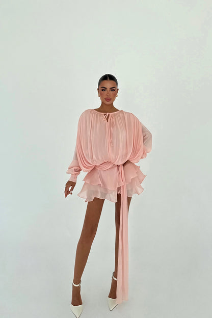 Model wearing pink babydoll dress, elegant evening style – LARYVOE