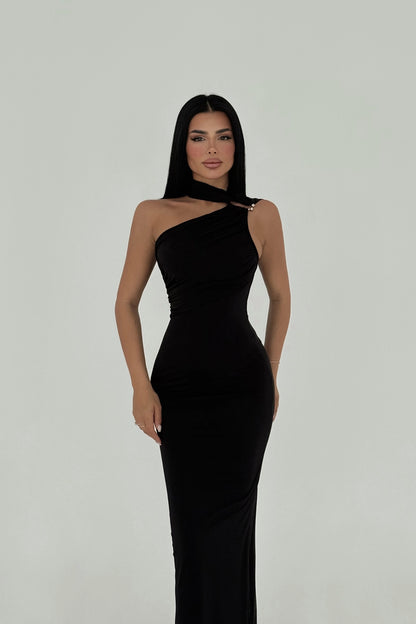 Elegant Midnight Grace Dress with shoulder detail and sleek fit – LARYVOE women’s evening wear