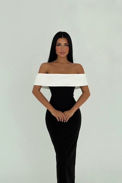 Elegant Monroe Off-Shoulder Dress with black body and white neckline – LARYVOE fashion