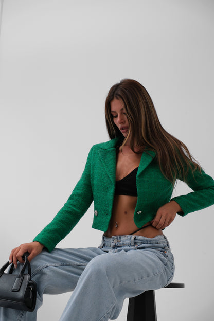 Green cropped bouclé blazer with structured fit – women’s fashion by LARYVOE