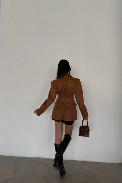 Back view of fitted tan or brown hourglass blazer – LARYVOE women’s clothing