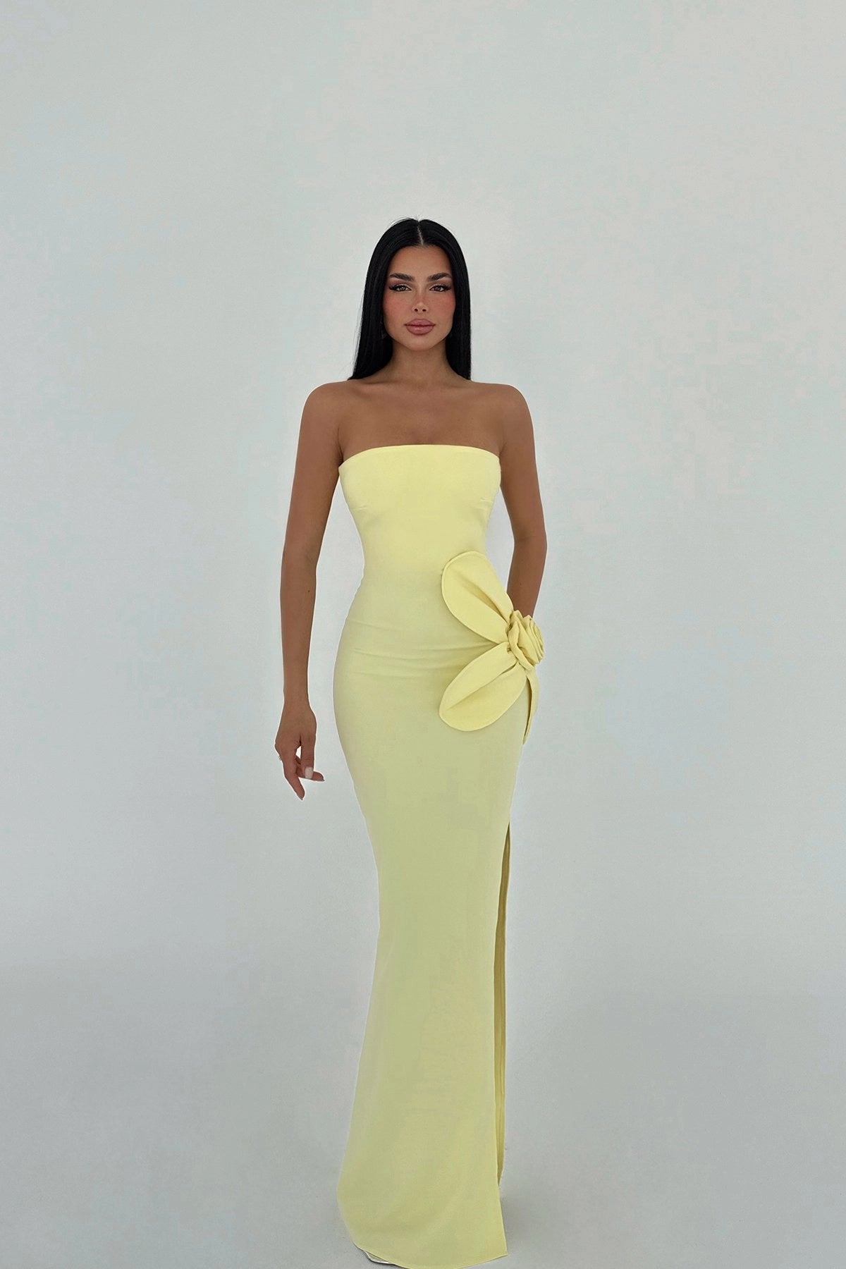 Rose Detail Strapless Dress Butter Yellow Evening Gown | LARYVOE XS Rose Detail Strapless Dress Butter Yellow Evening Gown | LARYVOE XS