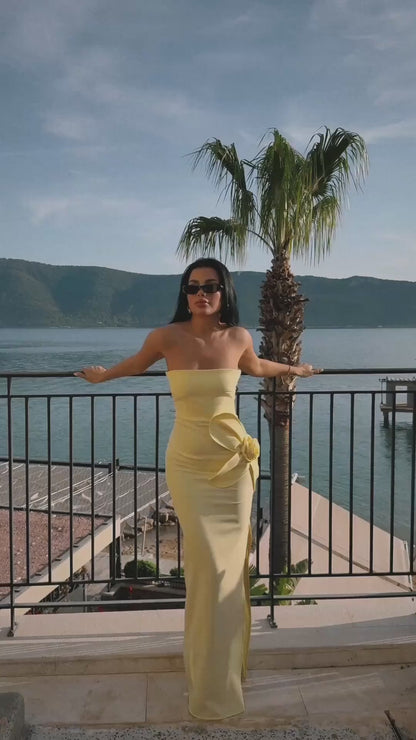 video of Rose Detail Strapless Dress in yellow, fitted style with side rose – LARYVOE women’s fashion