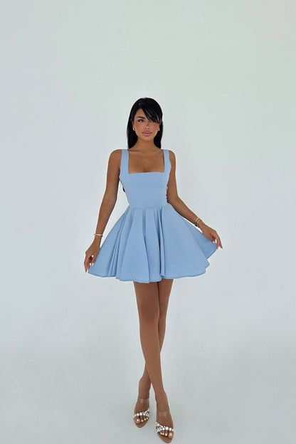 Blue skater dress with square neckline and flared skirt – LARYVOE women’s fashion