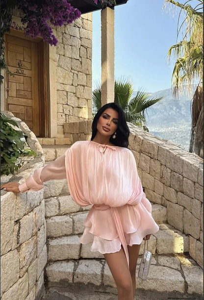 Ruffle detail of pink mini dress fabric – LARYVOE