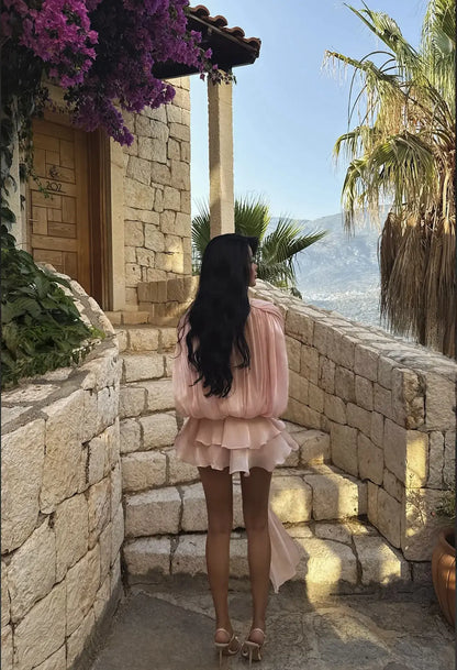 Pink babydoll dress with flowy silhouette, side view – LARYVOE fashion